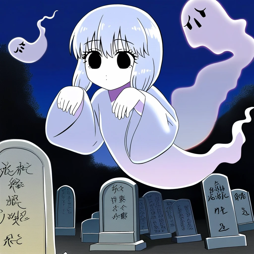 masterpiece,amazing quality,best quality,ultra-detailed,8K,illustration,CG,shiny hair,clear skin,ultra-detailed-eyes,simple background,cute girl, eyelashes ,night,darkness,japanese Tombstone,long sleeves, ghost pose, ghost, hitodama,ghost tail,flying,