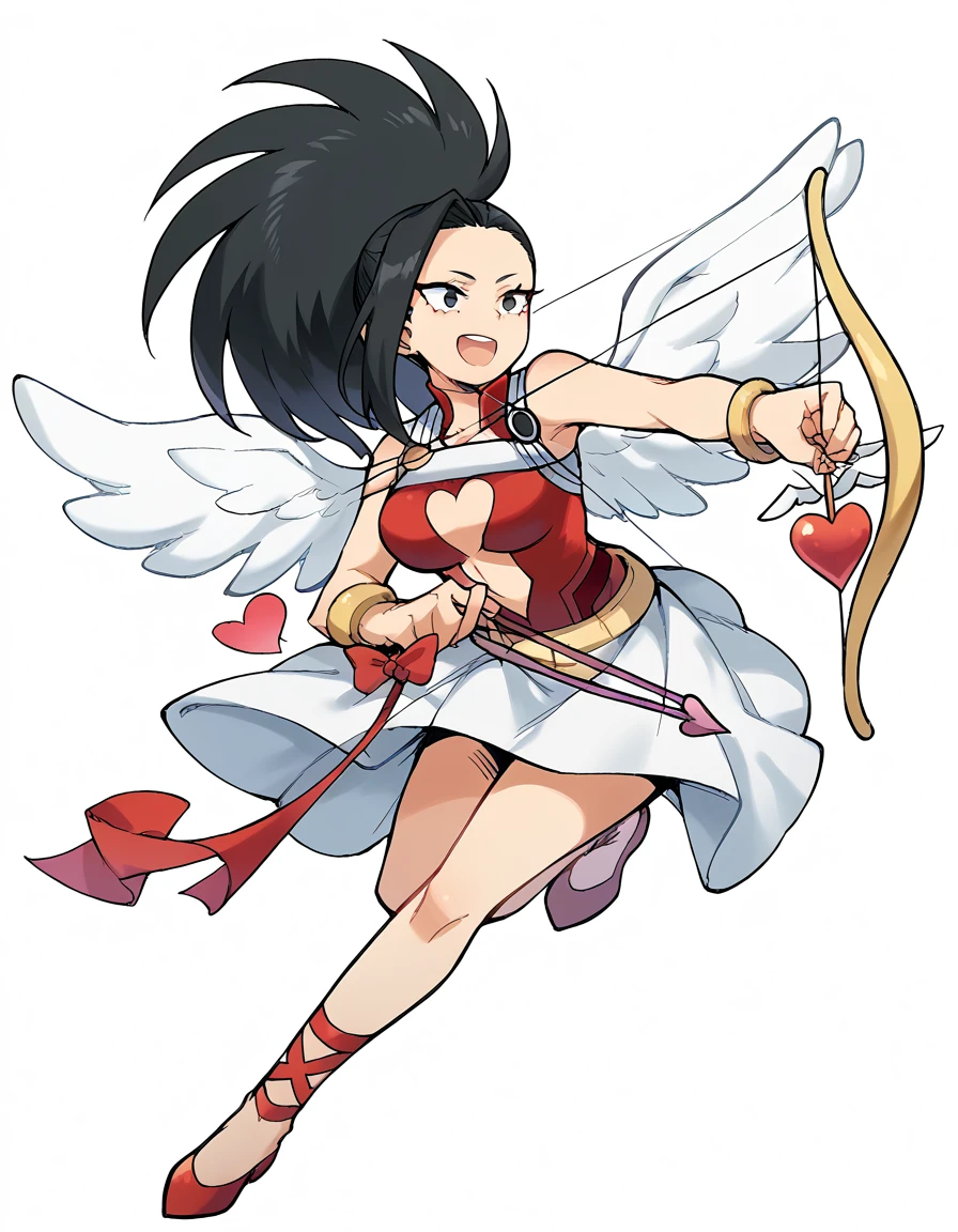 fscore_9, score_8_up, score_7_up, source_anime, <lora:momo-yaoyorozu-ponyxl-lora-nochekaiser:1>, yaoyorozu momo, long hair, bangs, black hair, ponytail, black eyes, high ponytail, wide ponytail, large breasts,, <lora:cupid-ponyxl-lora-nochekaiser:1>, cupid, dress, bare shoulders, weapon, heart, wings, bow (weapon), arrow (projectile), angel, smile, open mouth, heart arrow, ,