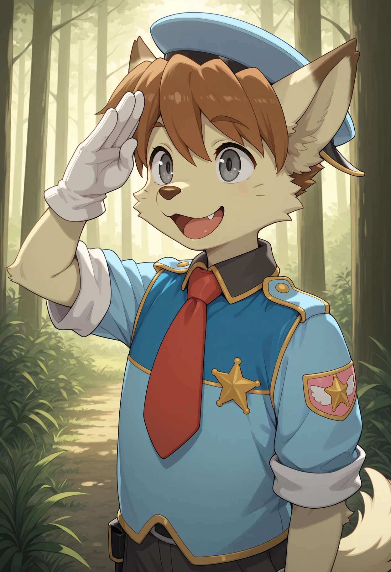 masterpiece, best quality, amazing quality, gomafuto, waffletc, 1boy, solo, upper body, furry male, dog boy, police uniform, police hat, gloves, short sleeves, badge, animal nose, animal ears, grey eyes, detailed eyes, body fur, whiskers, (brown hair:0.4), open mouth, :3, :d, fang, tail, red necktie, arm up, salute, forest, tree, plant, grass, nature, scenery, dark