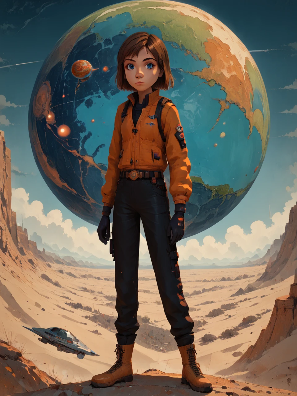 score_9, score_8_up, score_7_up, score_6_up, BREAK, R1l3y, 1girl, solo, short hair, blue eyes, brown hair,
looking at viewer, standing, jacket, boots, outdoors, sky, black gloves, belt, pants, vest, black pants, star (sky), scenery, science fiction, space, wide shot, planet, desert, 3xpr3ss10n1st_style,
<lora:Riley_AndersenV4:0.8> <lora:Abstract_Expressionist_Style:1>