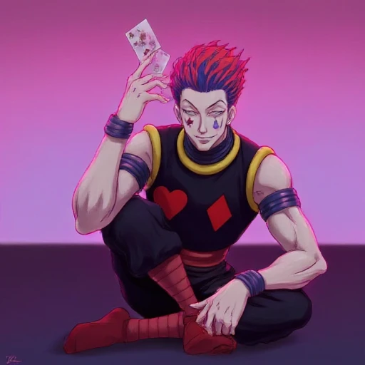 Hisoka/(HunterxHunter/), Face painting, playing cards around Hisoka, (flying playing cards:1.1), swirling playing cards, looking at camera, (Hisoka's aura becomes artistic background:1.1)
