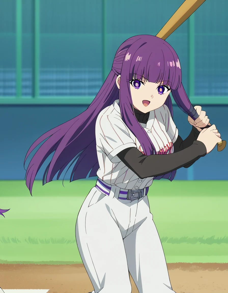 score_9, score_8_up, score_7_up, source_anime, <lora:fern-s1-v2-ponyxl-lora-nochekaiser:1>, fern, long hair, bangs, purple eyes, purple hair, sidelocks, blunt bangs, bright pupils, half updo, large breasts, anime screencap, <lora:batting-stance-ponyxl-lora-nochekaiser:1>, batting stance, looking at viewer, smile, open mouth, baseball bat, holding baseball bat, <lora:baseball-uniform-ponyxl-lora-nochekaiser:1> baseball uniform, baseball, striped belt, shirt under shirt, sportswear, ribbed shirt, baseball helmet, baseball bat, baseball jersey, baseball field,,