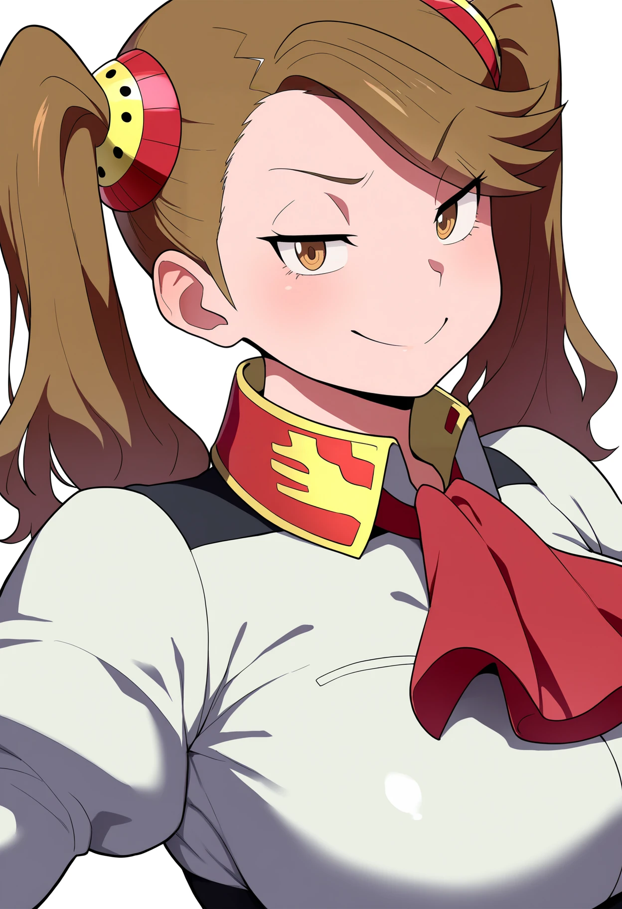 best quality, amazing quality, very aesthetic, absurdres,
1girl, kaoruko, brown hair, brown eyes, twintails, hair ornament,
large breasts, red ascot,
upper body,
smile, looking at viewer, solo, simple background, white background, <lora:KaorukoSazakiNoobXL_byKonan:1>