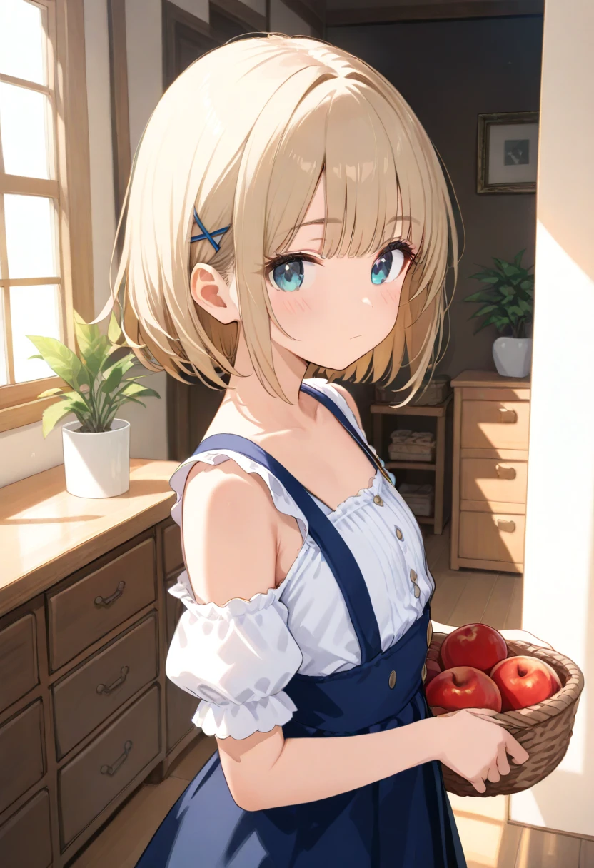 masterpiece, high score, great score, absurdres, safe,
1girl, solo, hair ornament, looking at viewer, indoors, short hair, hairclip, blue eyes, window, blush, bare shoulders, bangs, plant, closed mouth, basket, collarbone, off shoulder, white shirt, holding basket, detached sleeves, puffy short sleeves, blonde hair, suspenders, flat chest, blunt bangs, upper body, sunlight, suspender skirt, frills, standing, drawer, puffy sleeves, aqua eyes, sleeveless dress, eyebrows visible through hair, blue skirt, apple, cowboy shot, overalls, bob cut, light brown hair, table, high-waist skirt, expressionless, platinum blonde hair, eyelashes, cabinet, hairpin, chest of drawers, buttons, sleeveless shirt, eyebrows behind hair, from side, pinafore dress, white blouse, x hair ornament, sidelocks,
