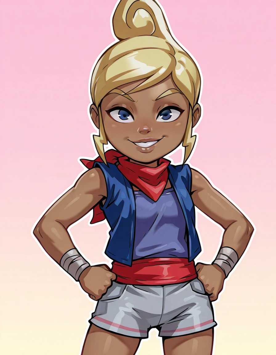 1girl, tetra, blond hair, hair bum, blue eyes, brown skin, sassy pose, <lora:Tetra:1>, <lora:Andava_Mk2_Illust:0.6>