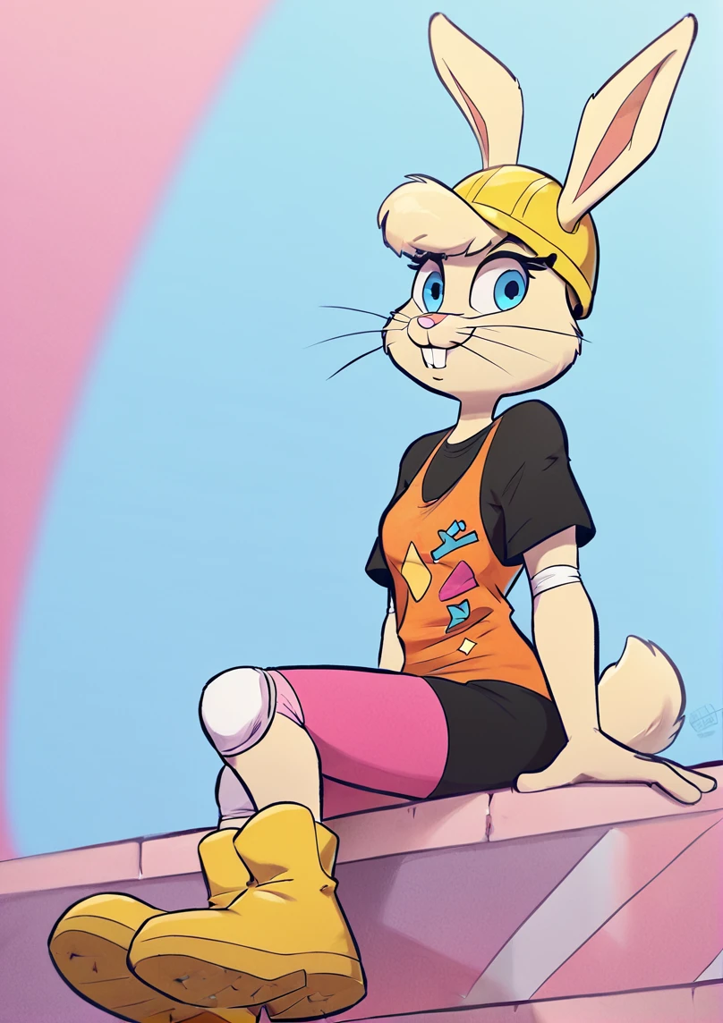 1girl, solo,
score_6, score_7, score_8, score_9, masterpiece, best quality, highly detailed,
<lora:Gert_-_Stay_Alert_Stay_Safe:1>, anthro bunny, blue eyes, whiskers, bangs, protective pads, orange tanktop, pink leggings, black undershirt, yellow helmet, yellow boots,