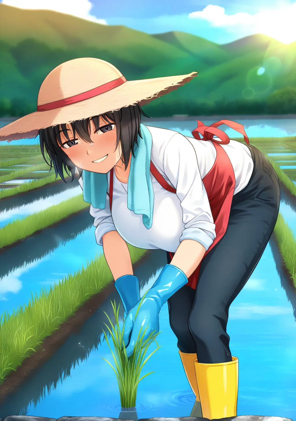 masterpiece, best quality, absurdres, perfect lighting,shiny skin,<lora:StS-Illustrious-Detail-Slider-v1.0:3>,1girl,yukie,huge breasts,short hair,black hair,black eyes,<lora:yukie:0.7>,rubber gloves, rubber boots, apron,long sleeves,sleeves rolled up, long pants,straw hat, towel around neck,squatting,holding,bent over,smirk,smile,closed eyes,looking at viewer,sweat,blush,heavy breathing,rice paddy,grass,water,day, reflection, nature, blue sky, sun glare, mountain,cloudy sky,depth of field,glowing sunset, serene atmosphere, soft and warm lighting, natural setting, vibrant and whimsical,rice planting,<lora:rice planting:0.9>,partially submerged,