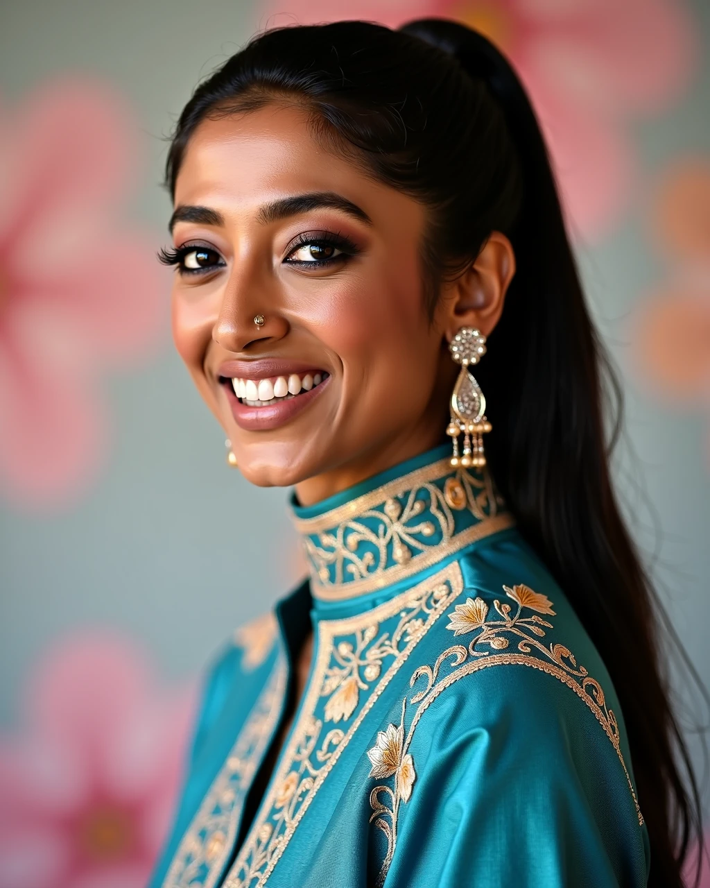 headshot photo of Paoli Dam woman,candid photo with natural colors, laughing expression on face,studio quality, wearing intricate elegant conservative turtleneck Sapphire Kurti with Leggings, high ponytail, pastel shaded multicolored background, cinematic soft lighting<lora:TestBed\Paoli_Dam_Flux_Kohya_V1b-000004.safetensors:0.8:0.8>