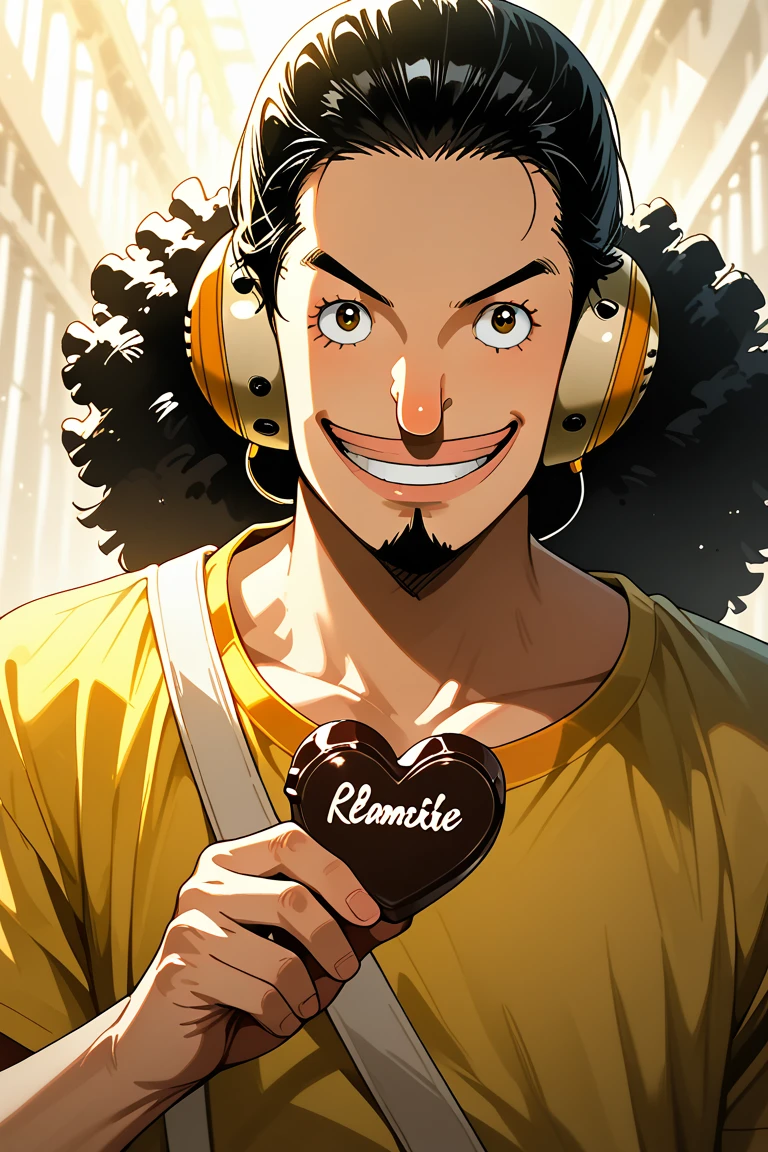 score_9, score_8_up, score_7_up, source_anime, rating_questionable, realistic shading, natural lighting, expressive cute happy face, male with long nose focus, usoppop, black_usoppop_eyes, yellow-orange-white_usoppop_headphones, black_usoppop_male hair, black_usoppop_facial hair, 1boy, smiling, shiny skin, holding heart-shaped chocolate, shirt, pants, cowboy shot, surreal, symbolic background, shadow, foreshortening, dutch angle, dynamic angle, dynamic action, atmospheric perspective, cinematic, intricately detailed illustration, depth of field, masterpiece, best quality, amazing quality, very aesthetic, absurdres, newest, anime screencap