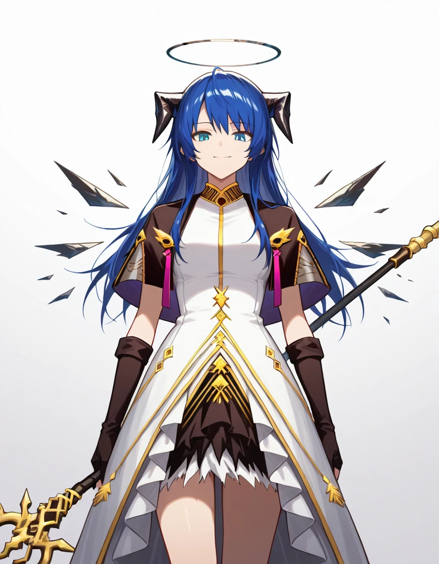 Volumetric Lighting, (masterpiece), (best quality), (ultra-detailed), masterpiece, source_anime, score_9, score_8_up, score_7_up BREAK, illustration, disheveled hair, detailed eyes, perfect composition, moist skin, intricate details BREAK, light depth, detailed face, detailed fingers, BREAK, mostima (arknights), long hair, blue hair, blue eyes, mosti horns, sankta wings, detached wings, mosti halo, black halo BREAK, spellbreaker,SB dress, SB capelet, SB skirt, SB gloves,elbow gloves, thighs BREAK, ((white background00, looking at viewer, smile, holding staff