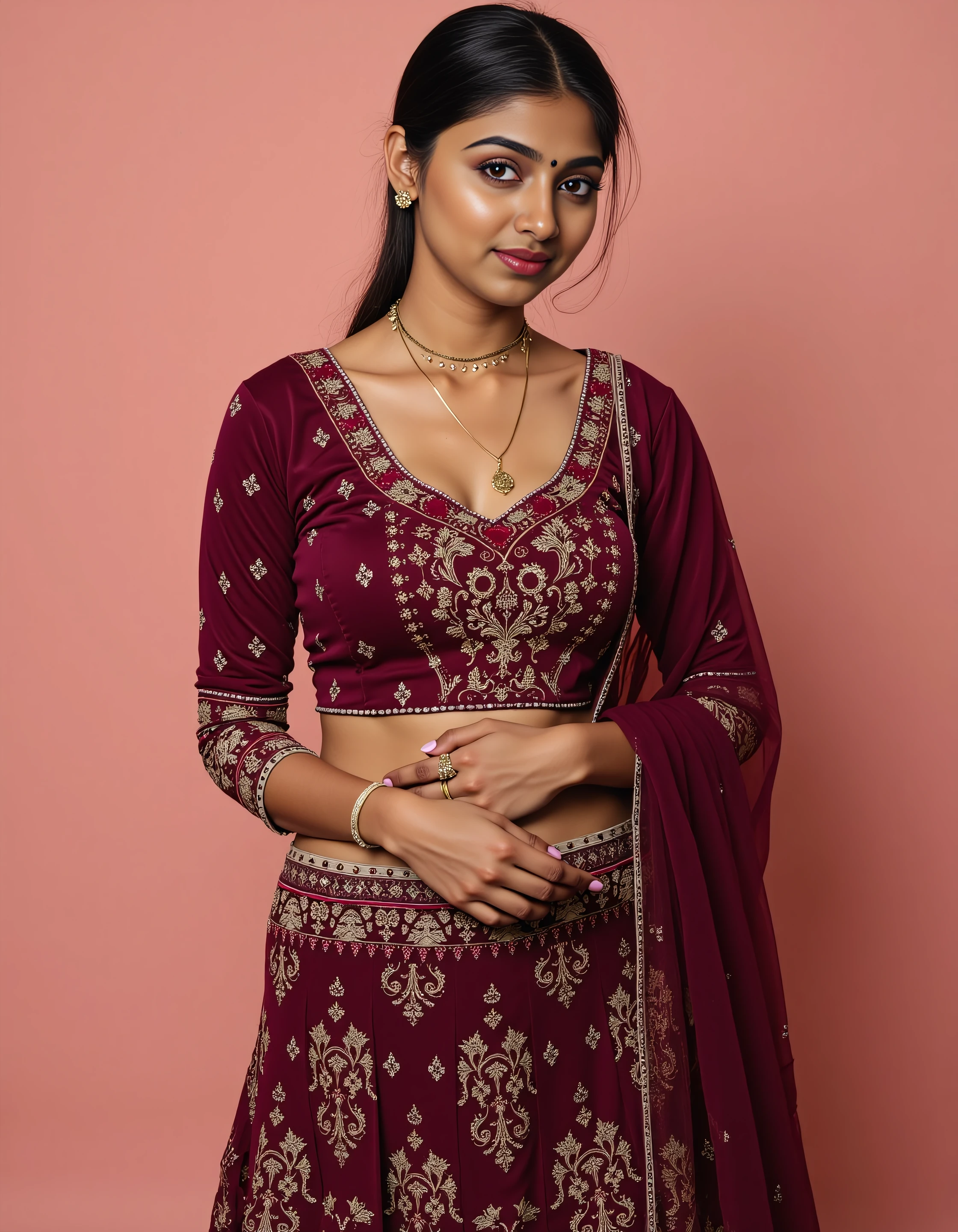 headshot photo of de51 medium woman, thin waist with hourglass figure, hyper realistic candid photo, studio quality, wearing intricate conservative long sleeved Burgundy Ghagra Choli, pixie, pastel shaded multicolored background, cinematic lighting, <lora:Desi_Coffee_Flux_Kohya_LoRA_v3:1>âââ