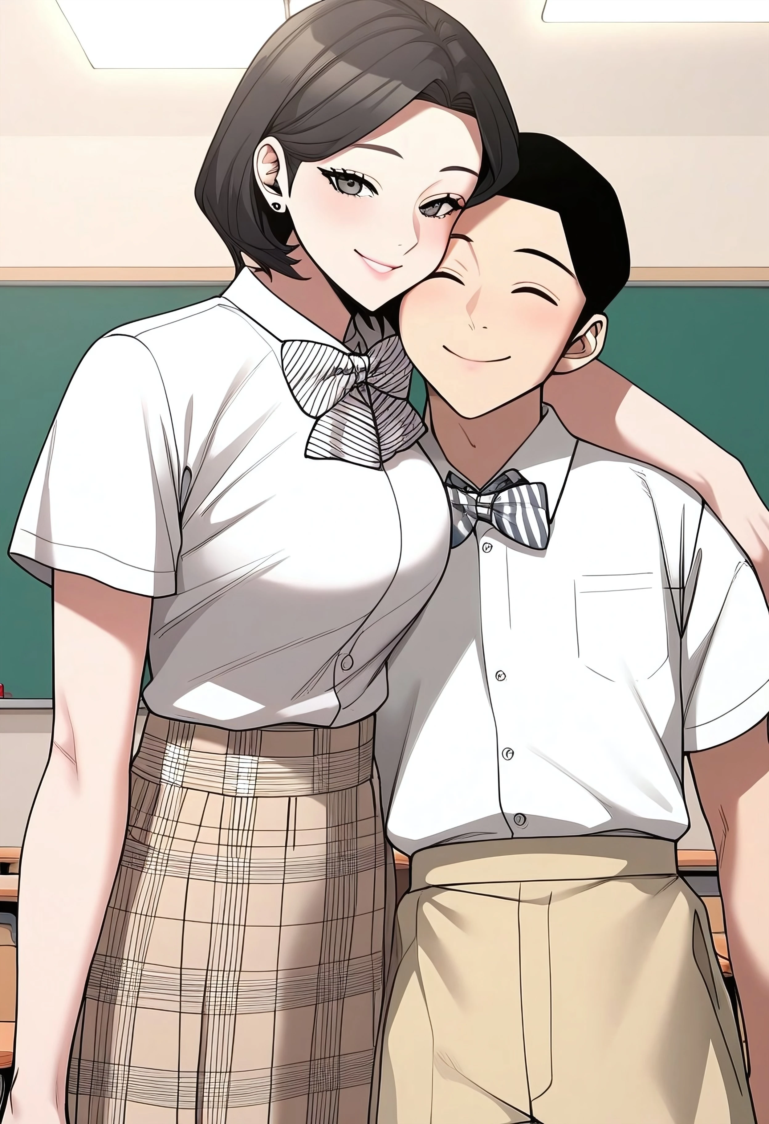 ((Masterpiece, Highest Quality, Ultra Detailed, High Resolution, Absurd: 1.2)
Score_9, Score_8_up, Score_7_up, source_anime.masterpiece,highres,absurdres. Best resolution. Good anatomy.
SiYeonV3, black hair, grey eyes, short hair, parted bangs, bob cut, black eyelashes, lower eyelashes. mature woman.
(plaid skirt, striped bow, white bowtie, white shirt, short sleeve, shirt tucked in, beige skirt)
standing posture
smiling face
(1girl and 1boy classroom)
rubbing cheek to cheek.