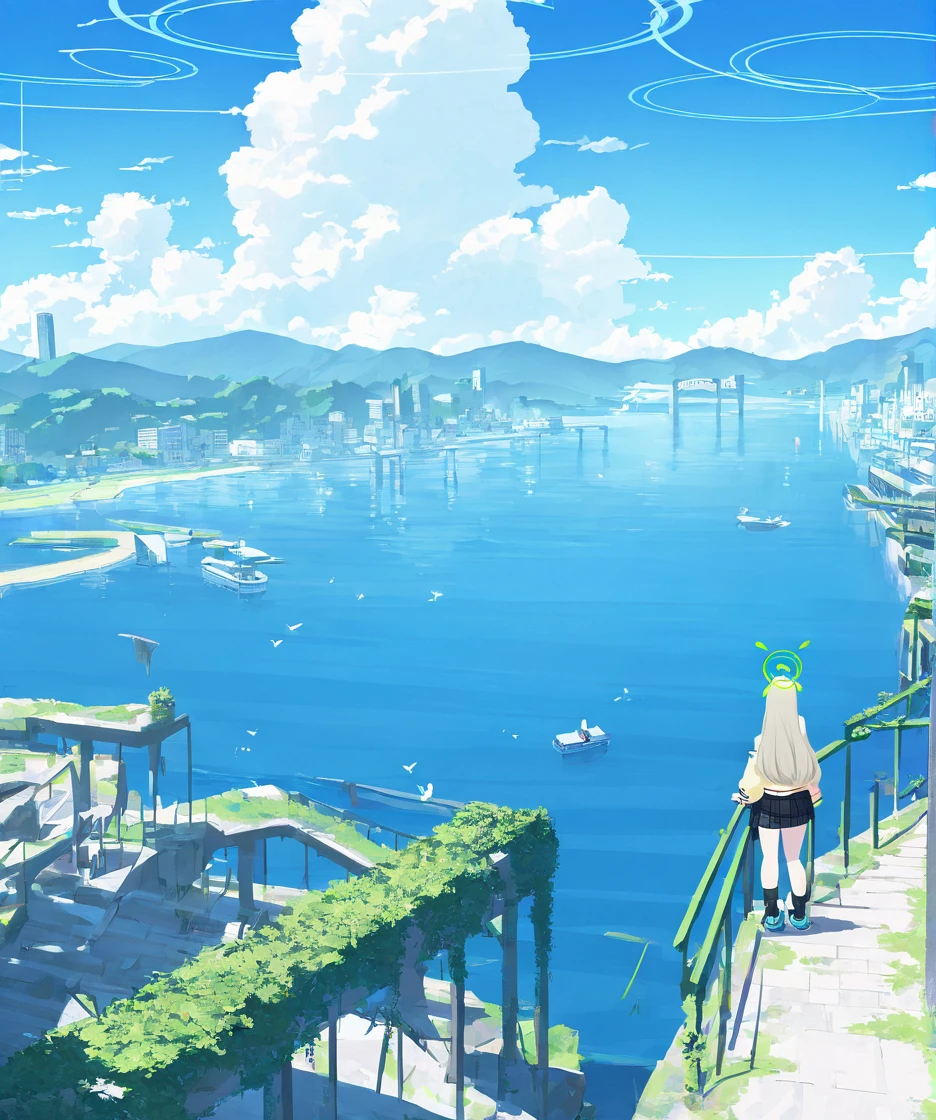 1girl,nonomi \(blue archive\),post-apocalypse,ivy,beach, bird, blue sky, boat, bridge, building, city, cloud, cloudy sky, day, facing away, from behind, horizon, lake, mountain, mountainous horizon, ocean, outdoors, railing, river, road, scenery,,masterpiece, best quality, very aesthetic, absurdres, <lora:Submerged ruins-NAI:0.8>,