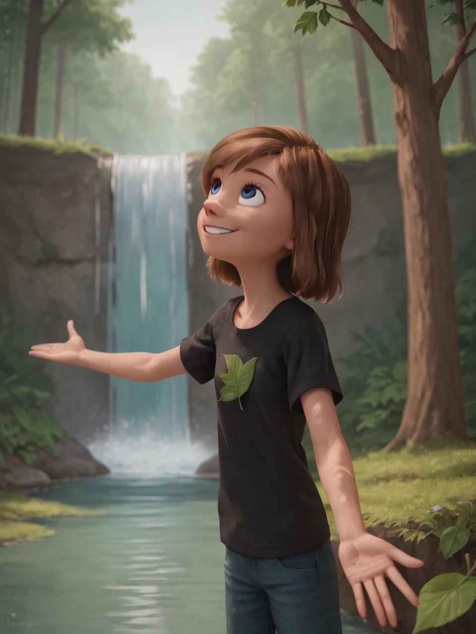 score_9, score_8_up, score_7_up, score_6_up, BREAK, R1l3y, 1girl, solo, short hair, blue eyes, brown hair,
smile, shirt, standing, short sleeves, cowboy shot, outdoors, day, water, tree, black shirt, leaf, looking up, plant, outstretched arm, t-shirt, nature, scenery, forest, branch, waterfall, moss,
<lora:Riley_AndersenV4:0.8>