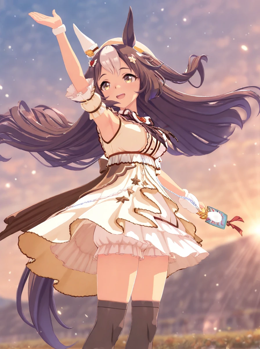 masterpiece, best quality, absurdres,ultra detailed hair,floating hair,
yamanin zephyr \(umamusume\), 1girl, horse ears, white background, armpits, brown over-kneehighs, horse tail, feet out of frame, smile, open mouth, arm up, looking at viewer, floating hair, from side, standing, :d, sugary wind, one side up, alternate hairstyle, yellow beret, detached short sleeves, white single ear cover, cream beige cropped jacket, multicolored overskirt, white layered skirt, white bloomers under skirt, shoulder bag, plaid brown bowtie, hairclip, low back brown ribbon, shoulder cutout
light rays,lens flare,light particles,outdoors,motion blur, blur
<lora:ILL_yamanin_zephyr_ver1.01:0.85>