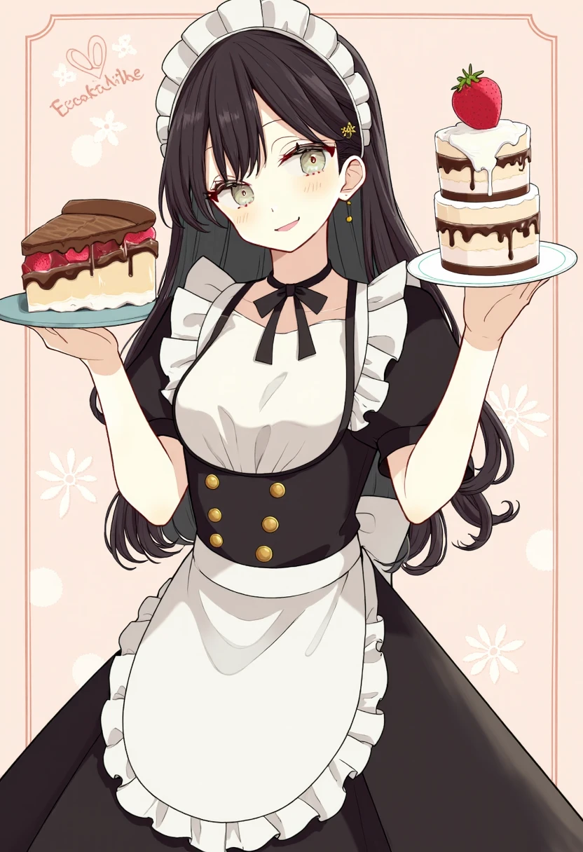clean soft color digital illustration of an anime maid holding a cake, she is wearing an apron, the image shows her full body