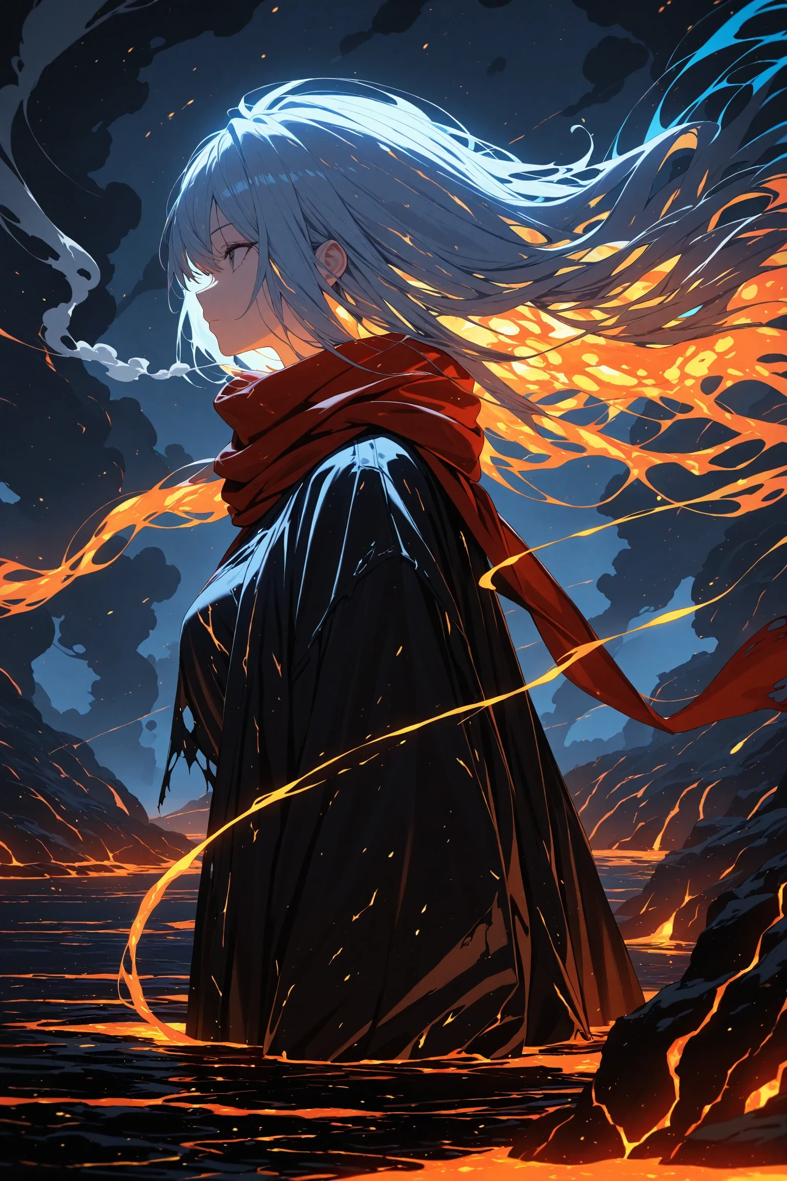 1girl, solo, vivid,
profile, looking away, closed mouth, water, scarf, dark, lava, ocean, glowing, upper body, torn clothes, glowing hair, long hair,
from side, smoke trail, masterpiece, best quality, high score, great score, absurdres