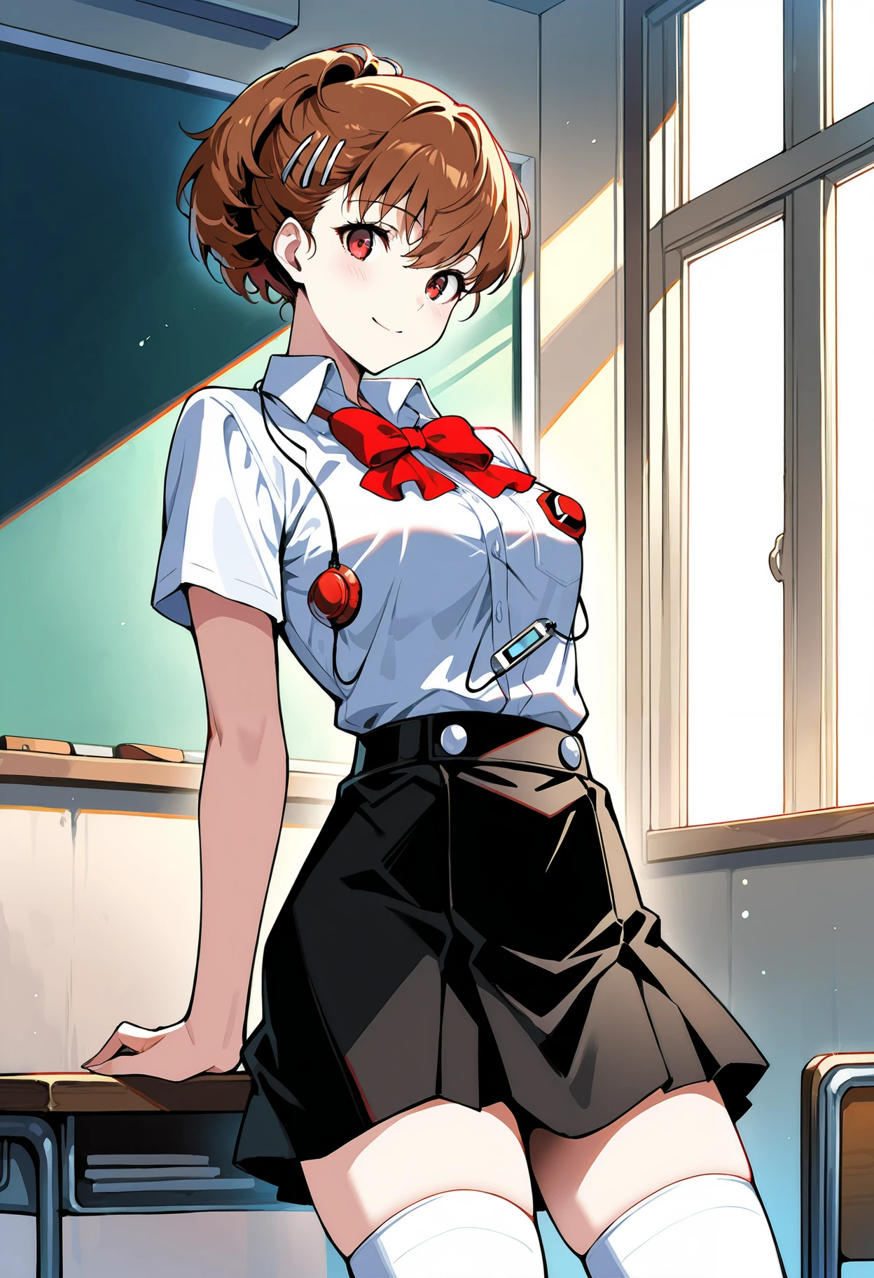 (masterwork, masterpiece, best quality, hyper-detailed :1.1), 
1 girl, solo,
p3kotone, ponytail, shiomi kotone, brown hair, short hair, hair ornament, hairclip, headphones, digital media player
p3kotone-sumuni, gekkoukan high school uniform, skirt, black skirt, shirt, white shirt, short sleeves, kneehighs, black skirt, red bow, white socks, brown footwear,
classroom, looking at viewer, smile, standing, cowboy shot, thighs