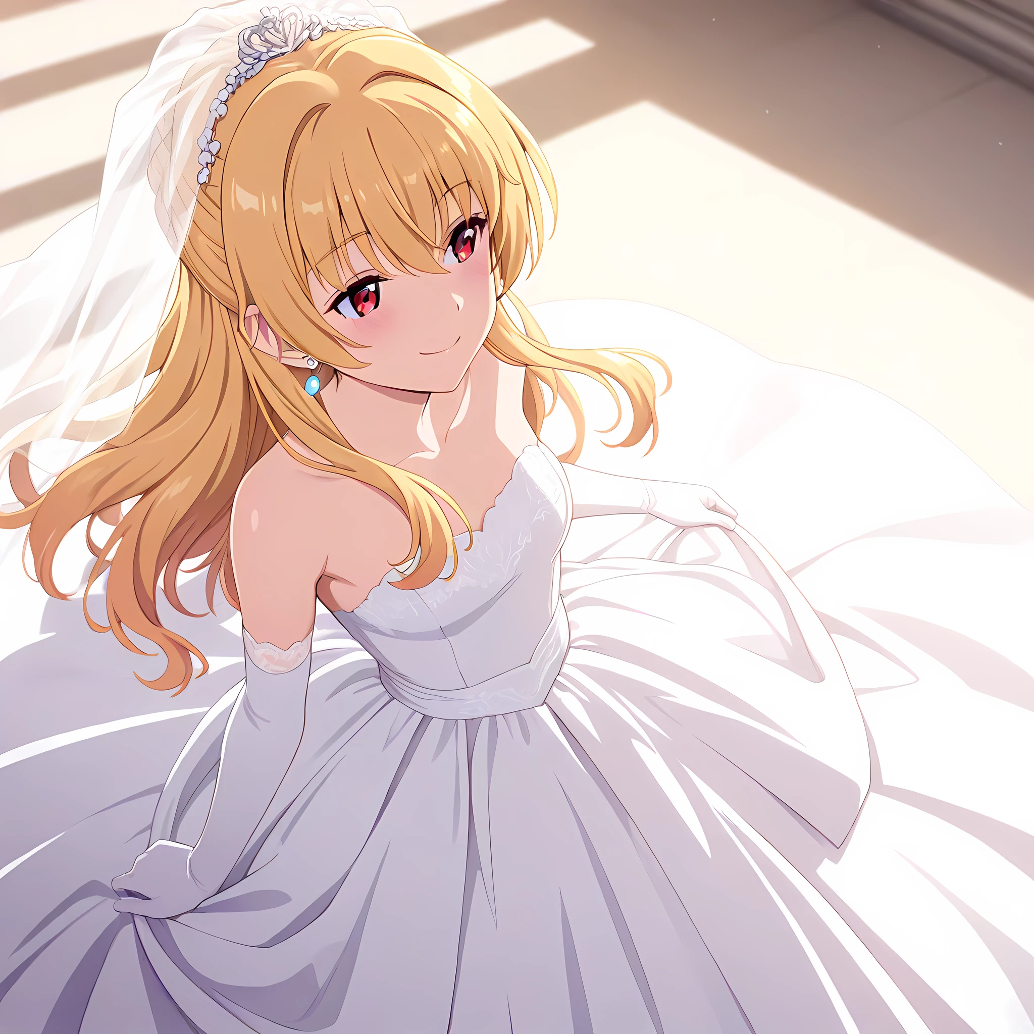 yue(arifureta), 1girl, blonde hair, solo, red eyes, dress, long hair, gloves, earrings, elbow gloves, white dress, jewelry, wedding dress, white gloves, blush, strapless, smile  <lora:Yue-Arifureta-IllustXL:1>, (masterpiece),(best quality),(ultra-detailed),(best illustration),(best shadow),(absurdres),(detailed background),(very aesthetic),