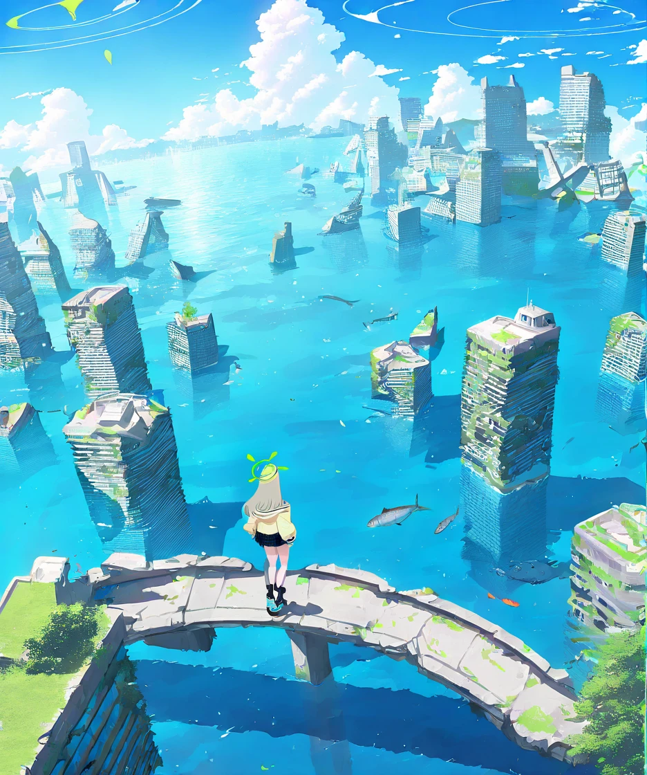 1girl,nonomi \(blue archive\),scenery,building,city,water,cityscape,sky,outdoors,cloud,cloudy sky,bridge,day,ruins,skyscraper,blue sky,ocean,tower,tree,fish,masterpiece, best quality, very aesthetic, absurdres, <lora:Submerged ruins-NAI:0.8>,