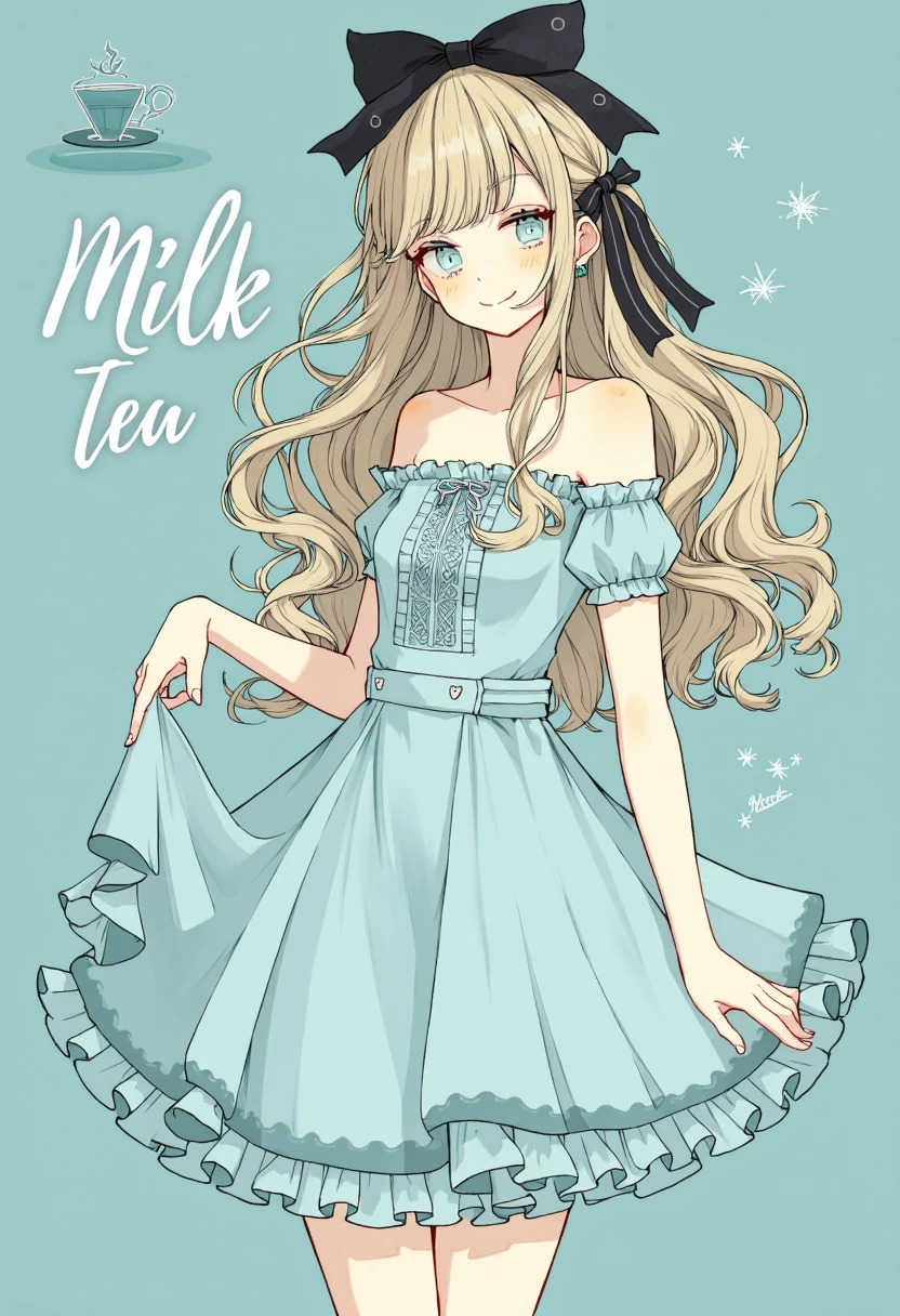 clean soft color digital illustration with anime girl a delicate and refined appearance. She has long, flowing blonde hair, which is adorned with a large black bow at the top and a smaller one on the side. Her hair is styled in a way that it appears to be gently blowing in the wind. She has a slender physique and is wearing a light blue dress with intricate ruffled details around the neckline and sleeves, giving the impression of a vintage or elegant style.
The background is a soft, pastel blue, which complements her outfit and adds to the serene atmosphere of the illustration. The text "Milk Tea" is written in a stylized, cursive font on the left side of the image, with a small tea cup and teapot graphic beside it. The overall style of the illustration is clean, with smooth lines and soft shading, giving it a polished and professional look. The illustration evokes a sense of calm and sophistication.