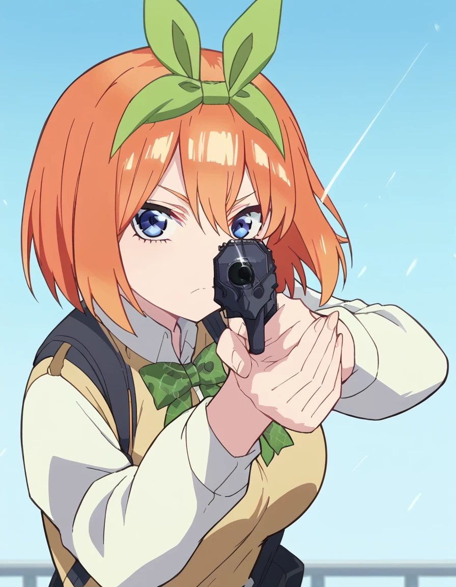 score_9, score_8_up, score_7_up, source_anime, <lora:yotsuba-nakano-s2-ponyxl-lora-nochekaiser:1>, yotsuba nakano, bangs, short hair, blue eyes, hair between eyes, hair ribbon, hairband, orange hair, green ribbon, large breasts, anime screencap, <lora:center-axis-relock-stance-ponyxl-lora-nochekaiser:1>, center axis relock stance, looking at viewer, holding, closed mouth, weapon, holding weapon, gun, holding gun, handgun, aiming, finger on trigger, aiming at viewer, m1911,, ,