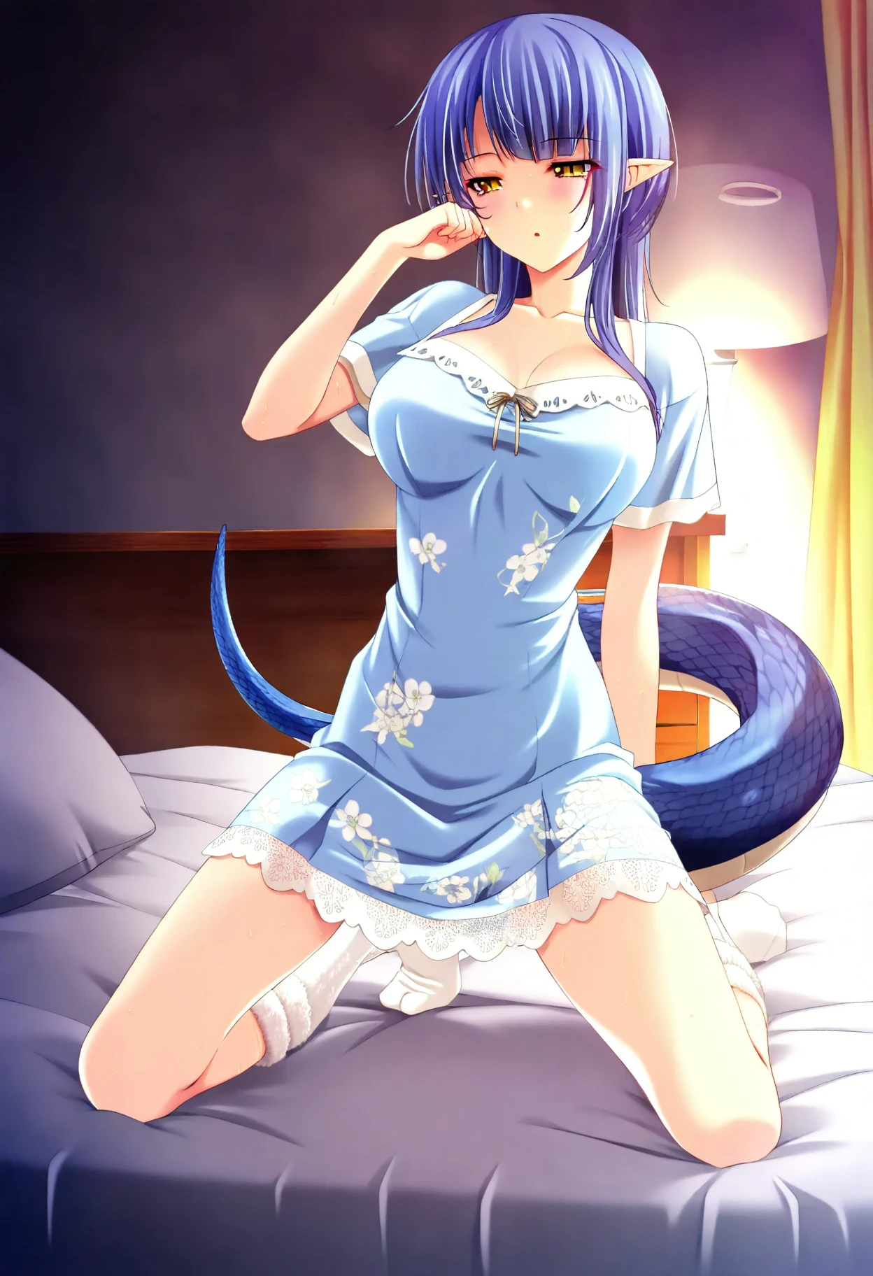 masterpiece, best quality, 1girl <lora:splendidnami-nvwls-v1-000009:0.9> splendidnm, headdress, hair ornament, circlet, forehead mark, mermaid, large breasts, white t-shirt, looking at viewer, bed, bedroom