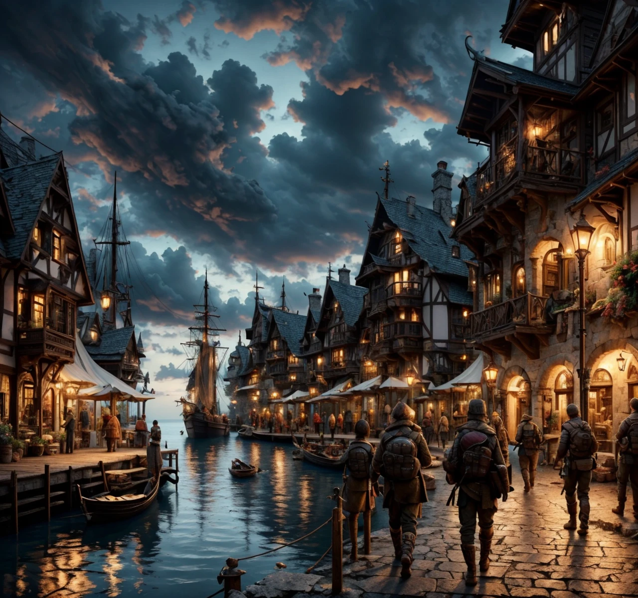 RAW photo, (masterpiece:1.3), subsurface scattering, heavy shadow, (high quality:1.4), (intricate, high detail:1.2), professional photography, HDR, High Dynamic Range, realistic, ultra realistic, photorealistic, high resolution, film photography, ambient lighting, atmospheric effects, <lora:detail_slider_v4:2>, OverallDetail, <lora:HarborAndDocks:1>, 4boys, a group of smugglers on a pier, night, dark clouds, water, hado, houses,