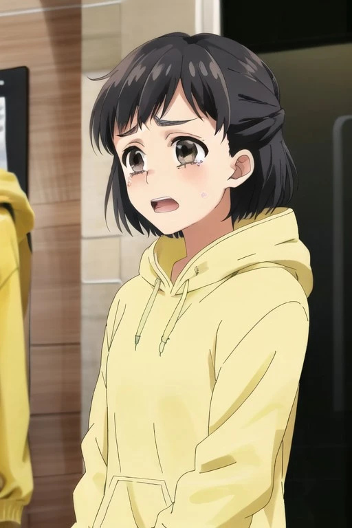 best quality, masterpiece, highres, solo, {akutsu_ruri_ahogirl:1.15}, black_hair, star_\(symbol\), twintails, hair_ornament, brown_eyes, open_mouth, long_hair, star_hair_ornament, 1girl, blush, closed_eyes, crying, hood, hoodie, tears, =_=, bangs, facing_viewer, streaming_tears, striped, upper_body