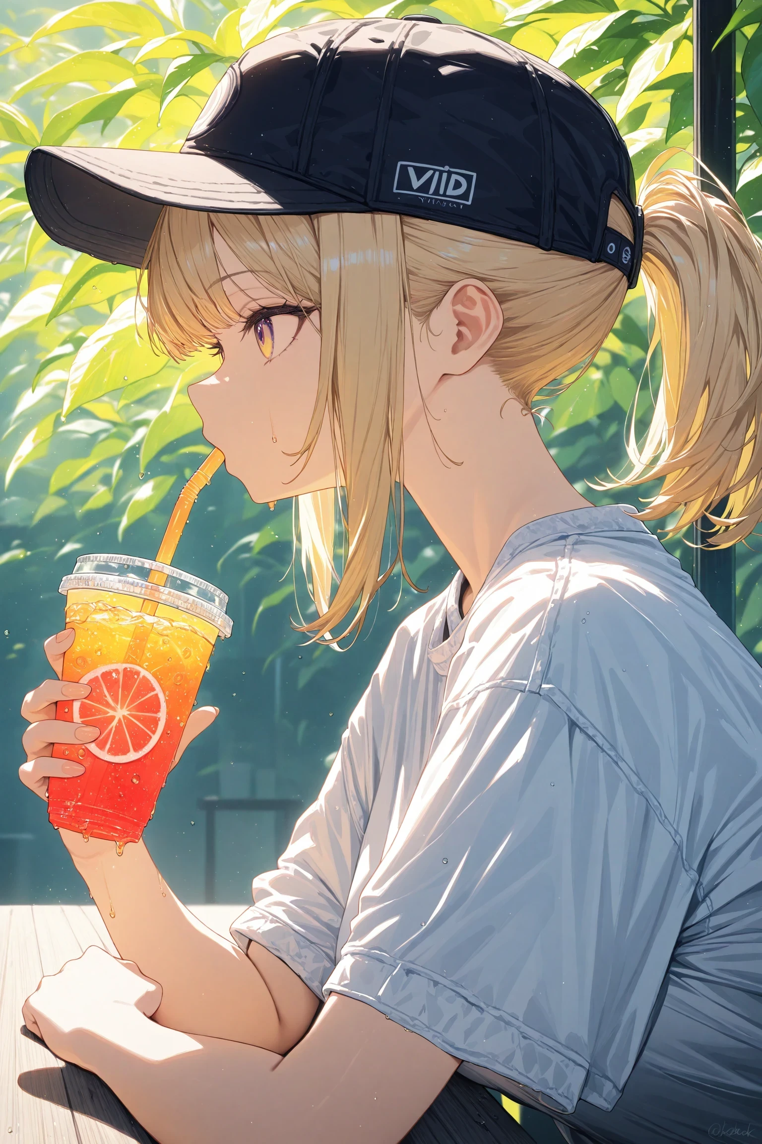 1girl, solo, vivid,
short hair, cup, profile, food, ponytail, drinking, sidelocks, holding, fruit, from side, disposable cup, drinking straw, upper body, looking to the side, baseball cap, holding cup, blonde hair,, masterpiece, best quality, high score, great score, absurdres