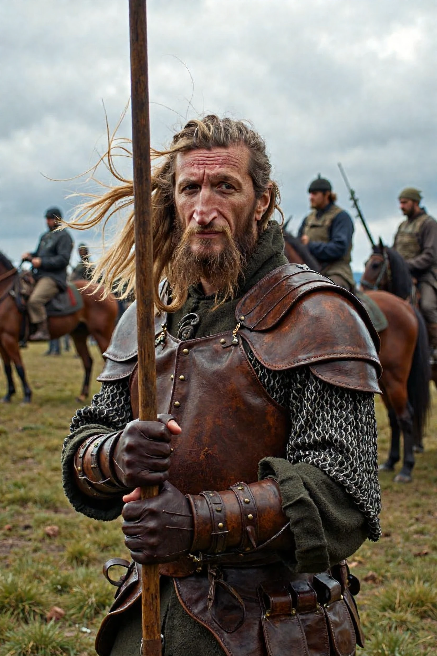 a cinematic (full body shot:1.2) of a Fares Fares holding a (spear and a wooden round shield:1.1), chain mail and leather decorated armor, (brown leather-chest-armor:1.2), leather rider boots, long blonde hair wild and windy, big very long braided beard, horse ornaments, rohirrim fort in background, plains, Rohan, middle-earth, (hkstyle:1.), rohirrim riders on horses, Lord of the Rings style, 8k, HDR, UHD, insane details, award-winning photo, Cinematic Hollywood Film style
<lora:flux\my\Fares\Fares Fares Flux v1.safetensors:1.37:1.37>
<lora:flux\sports_photography_flux_000013300.safetensors:0.15:0.15>
<lora:flux\Sony_a7_III.safetensors:0.7000000000000001:0.7000000000000001>
<lora:flux\Anti-BlurFLUX.safetensors:0.2:0.2>
LoRas Used: Fares Fares Flux v1 sports_photography_flux_000013300 Sony_a7_III Anti-BlurFLUX
