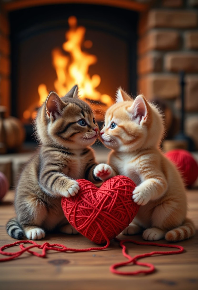 "Two kittens playing with a heart-shaped ball of yarn in a cozy, rustic cabin, with a fireplace glowing in the background."
, aidmaLOVEboost, aidmamj6.1, aidmafluxpro1.1