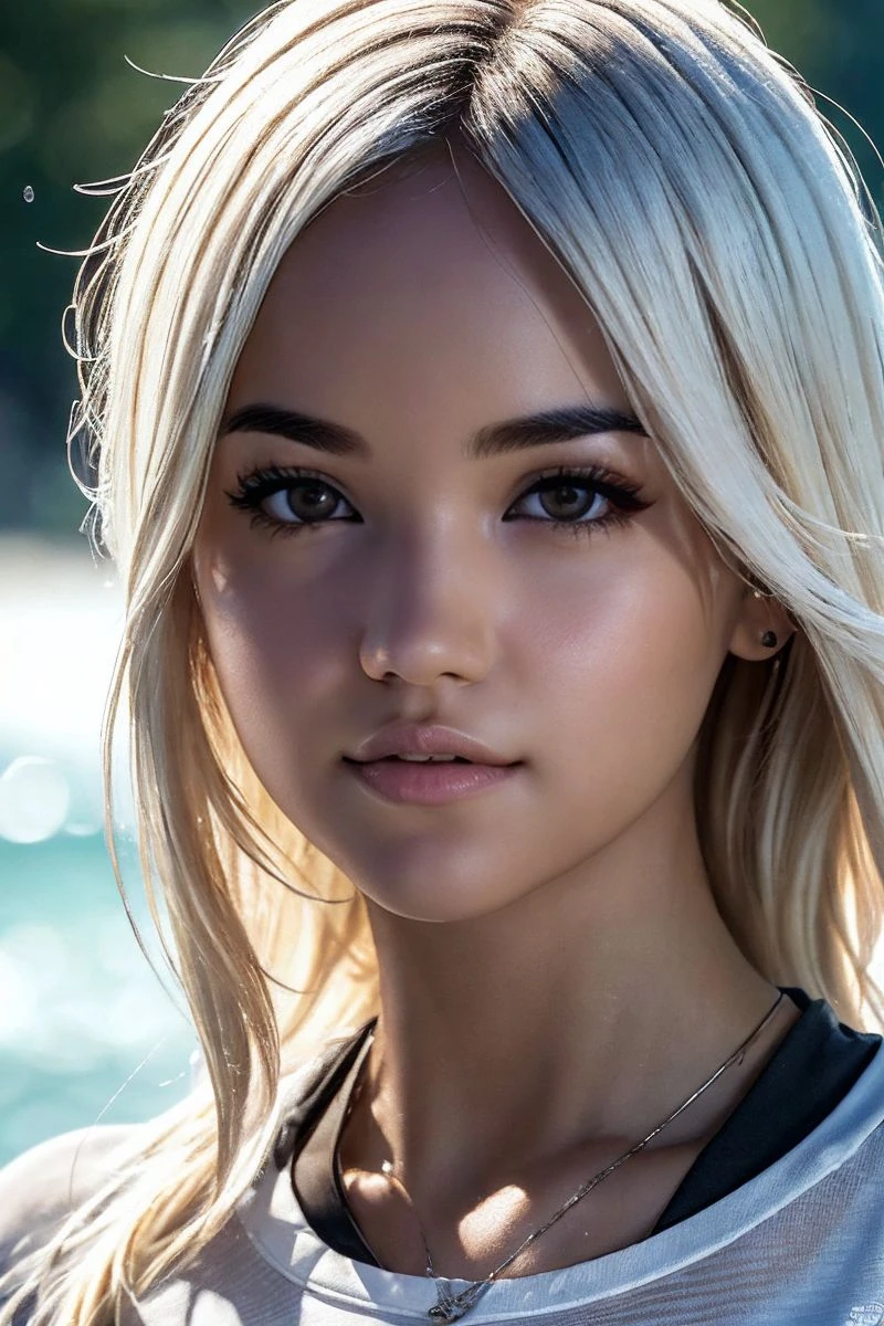 closeup headshot of S673_NovellaNight,a stunning woman,in a (rapids),wearing a (t-shirt),(wet hair),(RAW photo, best quality, 50mm, depth of field, ultra high res, intricate, photorealistic, cinematic-shot, masterpiece, ultra-detailed),