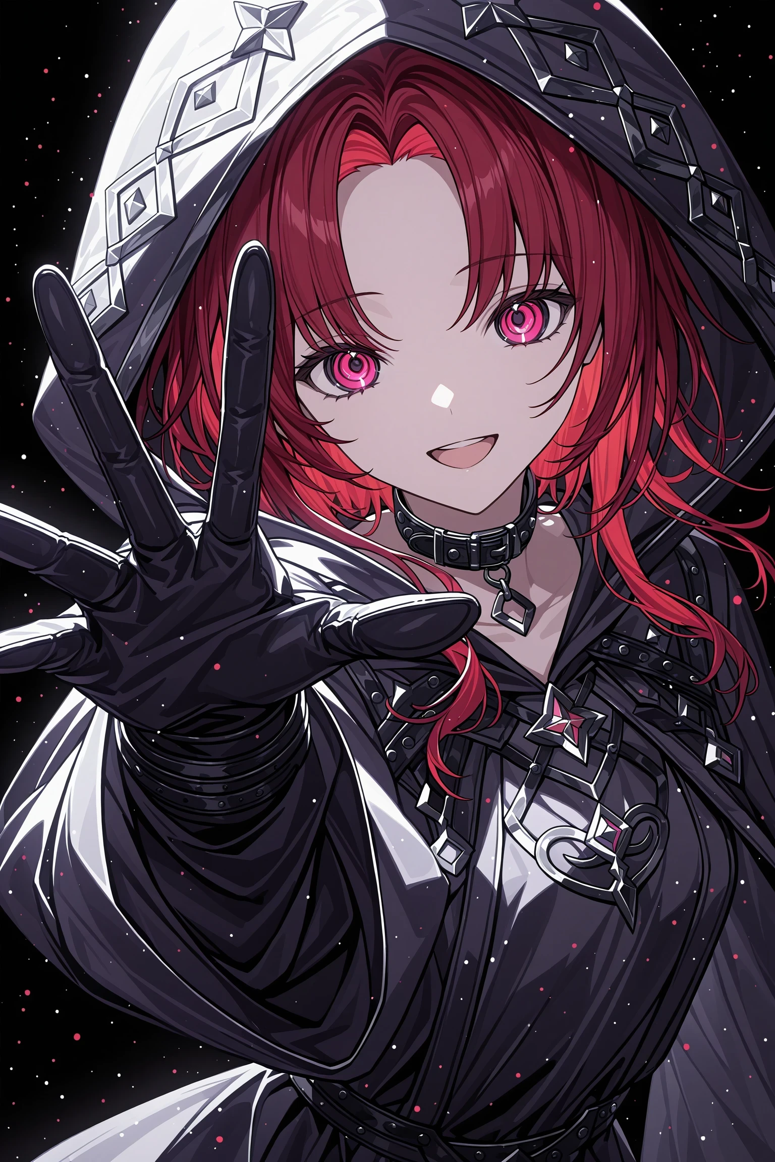 1girl, solo, vivid,
looking at viewer, dress, reaching, collar, hood, gloves, long sleeves, simple background, black background, robe, hood up, parted bangs,
red hair, smile, open mouth, masterpiece, best quality