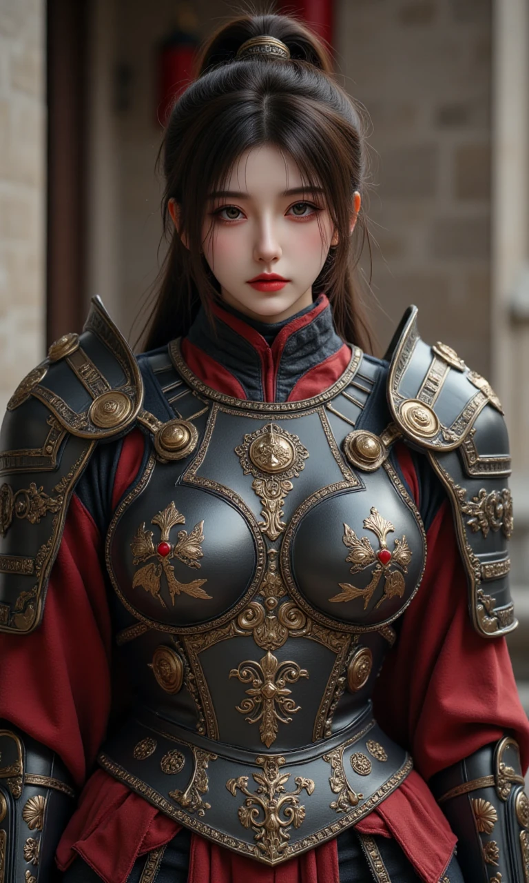 A photorealistic image of a asian woman, armor