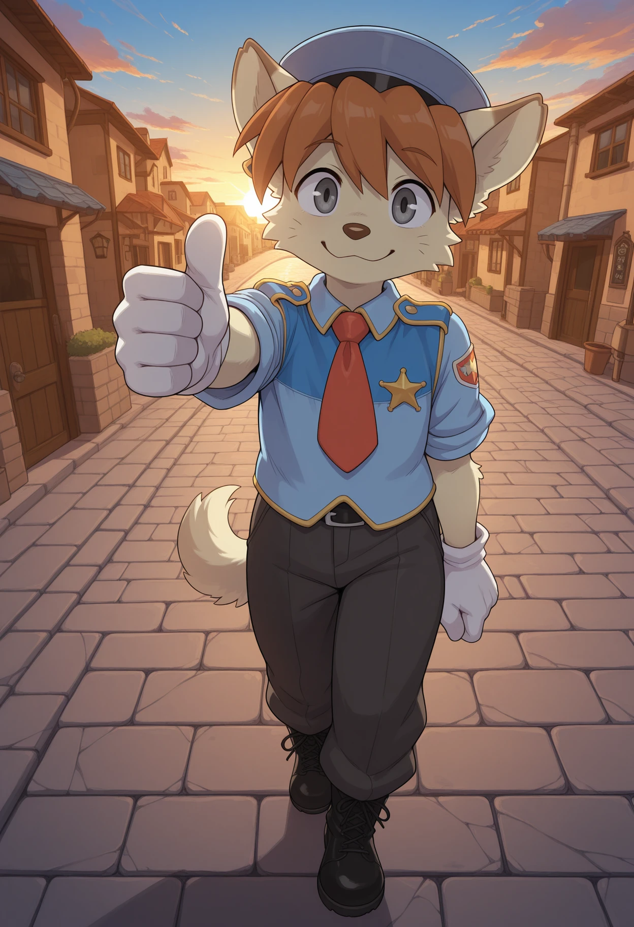 masterpiece, best quality, amazing quality, kurasuta, waffletc, full body, walking, perspective, looking at viewer, 1boy, solo, furry male, dog boy, grey eyes, (brown hair:0.4),animal ears, animal nose, whiskers, tail, body fur, police uniform, police hat, boots, gloves, short sleeves, pants, red necktie, badge, cute, smile, arm up, thumbs up, detailed background, outdoors, town, building, cobblestone path, sunset, sunbeams, backlighting, twilight, blue sky, orange sky, cloud,