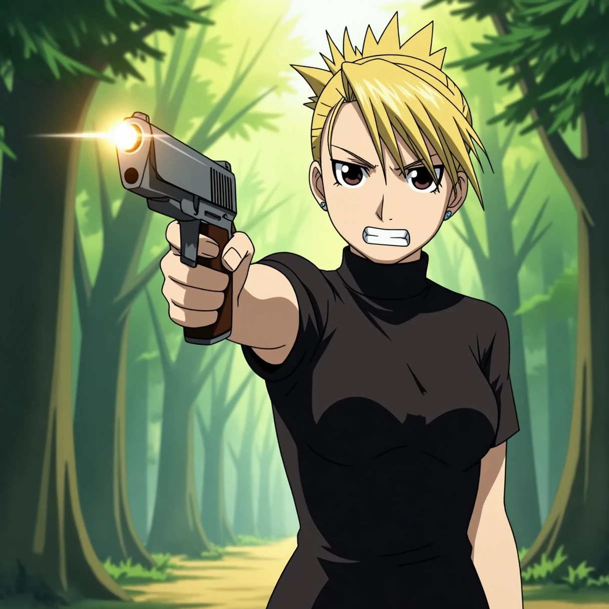 Anime scene of a woman standing in a scenic forest. She is wearing a black tshirt with a high collar. She has spiky blonde hair styled in a bun. Light is streaming through the trees. The woman is pointing a gun at the viewer. She has a fierce and angry expression. Her teeth are clenched. Emotional. Dramatic.