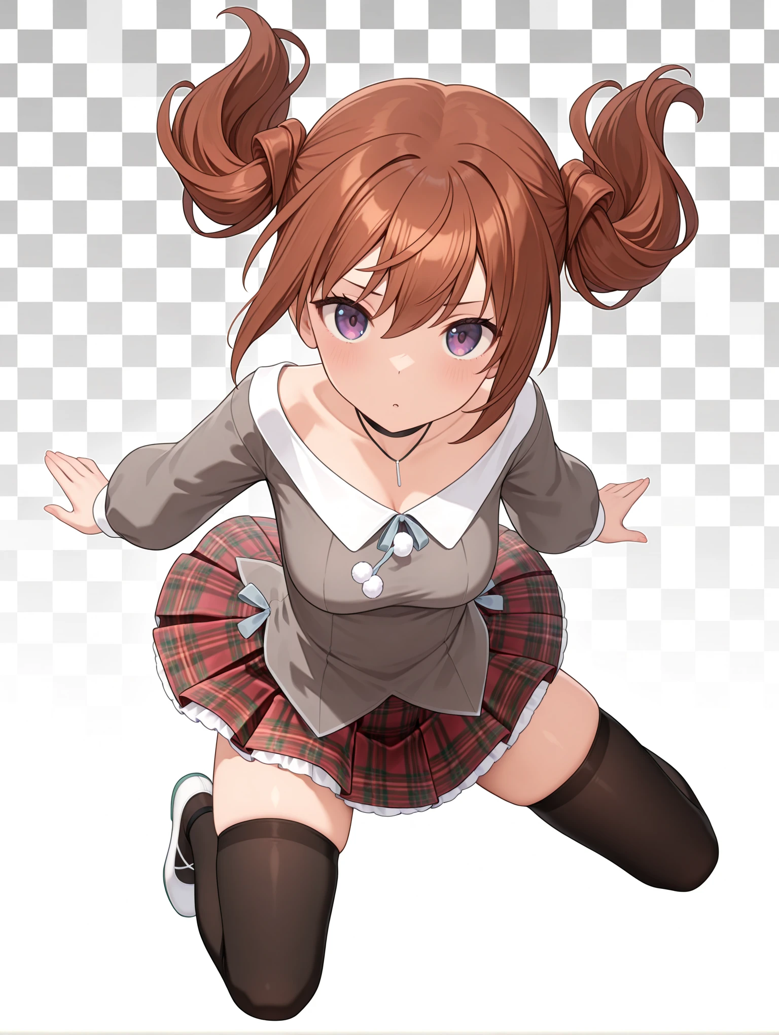 masterpiece,best quality,newest,1girl,solo,
<lora:kimi_kage_yui_ilxl_v1.1:1>,yui,brown hair,purple eyes,Vibre,red plaid skirt,black_thighhighs,
<lora:Fixhands_anime_bdsqlsz_V1:1>,face_focus,eyes_focus,looking_at_viewer,cowboy_shot,falling,full body,checkered_background,