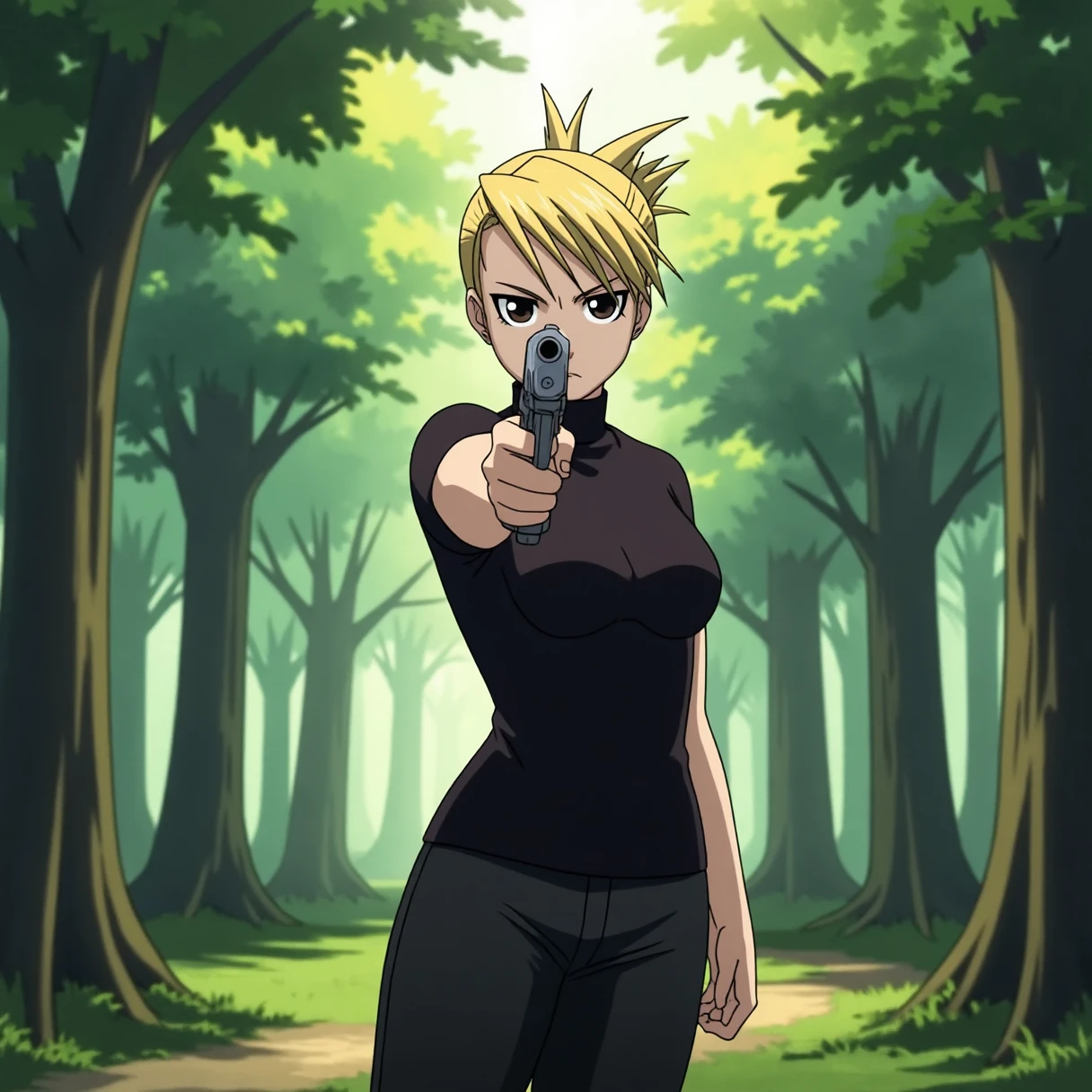 Anime scene of a woman standing in a scenic forest. She is wearing a black tshirt with a high collar. She has spiky blonde hair styled in a bun. Light is streaming through the trees. The woman is pointing a gun at the viewer. She has a serious expression. Emotional. Dramatic.
