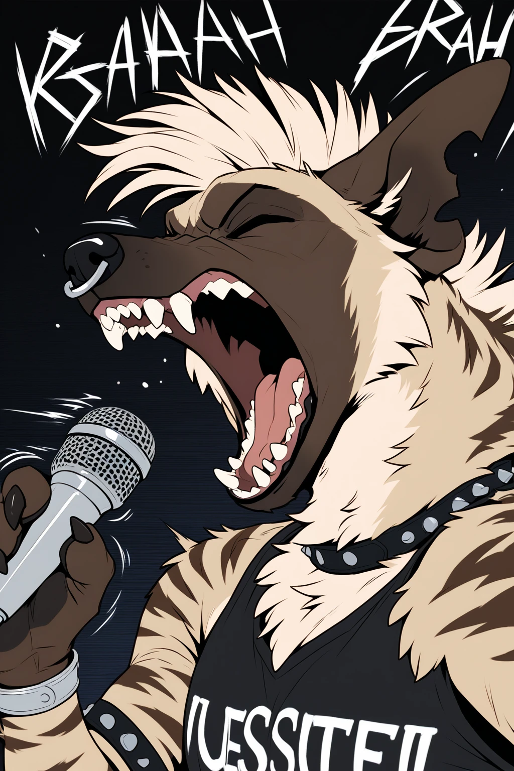 zPDXL3, (masterpiece, best quality, very aesthetic, newest, 2024), (solo, Male, Anthro), digital painting, flat color, soft lighting, detailed background, black background, stage,
striped hyena, nose piercing, eyes closed, open mouth, (screaming, sound effects, motion blur, shaking, motion lines, speed lines, large text), intense, rugged appearance, scruffy, notched ear, punk outfit, metal band, microphone, mohawk, metal band, close up, <lora:LoraBYIN_beeryeen:1>