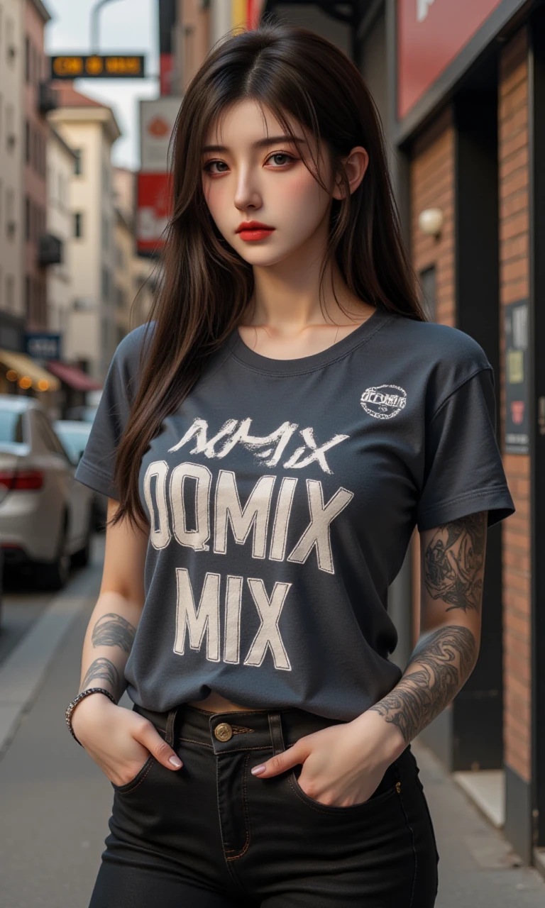 qqmix. A photorealistic image of a asian woman, street wear,tattoo,wearing a t-shirt with the word "QQMIX"