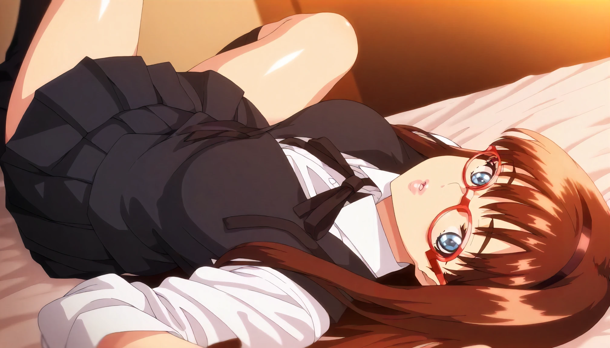 <lora:MnM_kawashima_hitomiXLIllustrious001>,
masterpiece,best quality,good quality,newest,
glitter,
parted lips,
looking at viewer,
solo,
anime coloring,
kawashima_hitomi\(megane_no_megami\),1girl,brown hair,long hair,hair band,blue eyes,pink lips,red-framed_eyewear,
white shirt,collared_shirt,black vest,black ribbon tie,pleated_skirt,black skirt,black socks,
on back,lying,