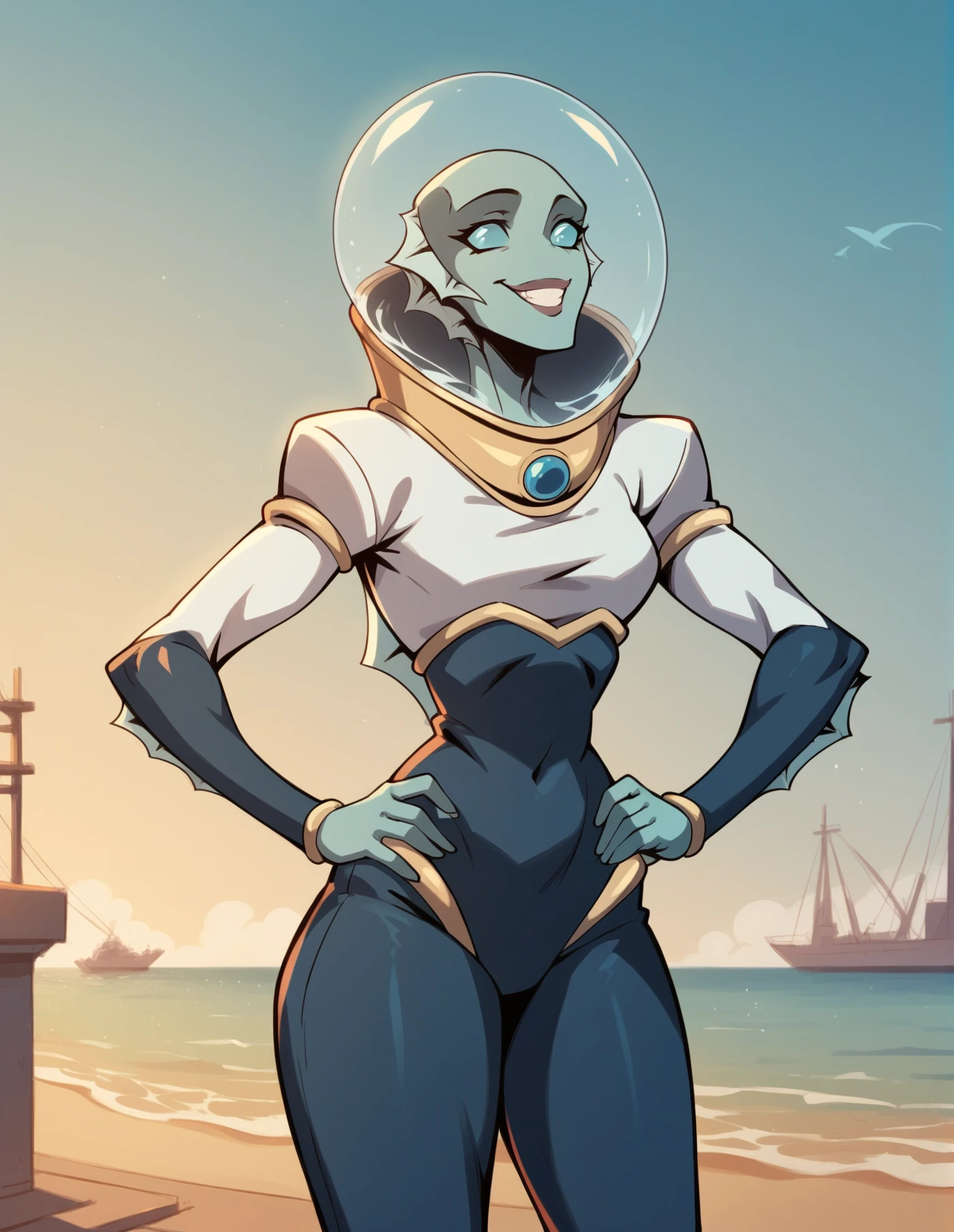 1girl, female, alien, colored skin, solo, smile, sea monster, fish person, hands on hips, spacesuit, helmet, slim, hands with 4 fingers, webbed fingers (side view:0.5) <lora:Nina_Mazursky:0.8> nina, score_9, score_8_up, score_7_up, score_6_up, 2d, digital art, masterpiece <lora:Expressive_H:0.4> expressiveh <lora:princess_xl_v2:0.3> <lora:g0th1c2XLP:0.3> g0th1c