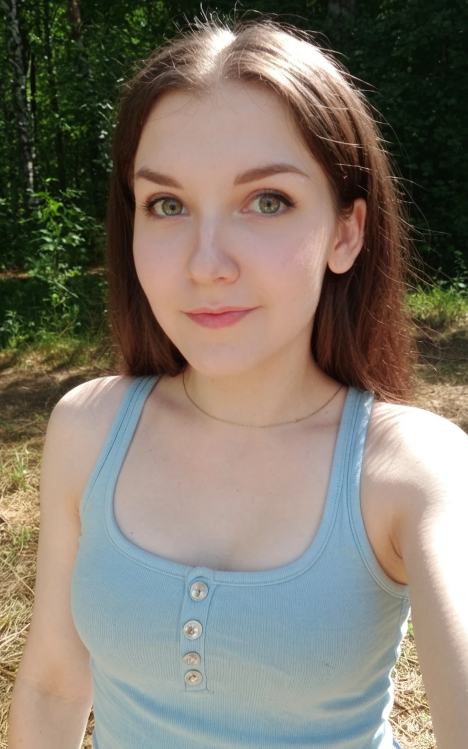 cute slim girl, candid, tank top, forest, eye contact, sunny, blur <lora:kittyklaw_sdxl:0.9>, <lora:dmd2_sdxl_4step_lora_fp16:0.7>