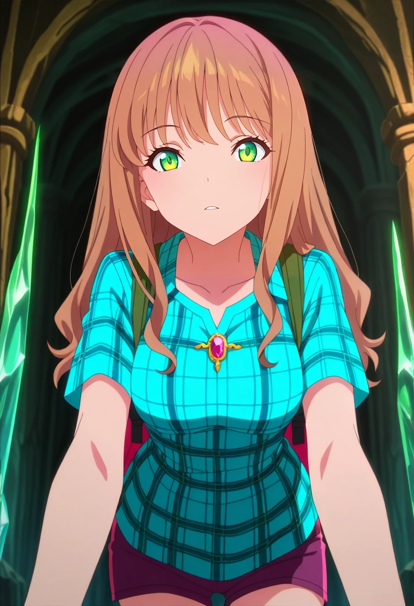 masterpiece, best quality, , anime screencap, anime coloring, , looking at viewer, 1girl, solo, <lora:yume_minami_ilxl:1>, yume_minami, brown hair, green eyes, long hair, bangs, crystal canyon, shimmering walls, glowing trails, gemstone crevices, hiking pose, adventurous expression, midday, Dress shorts, Tartan Chambray shirt, , ,