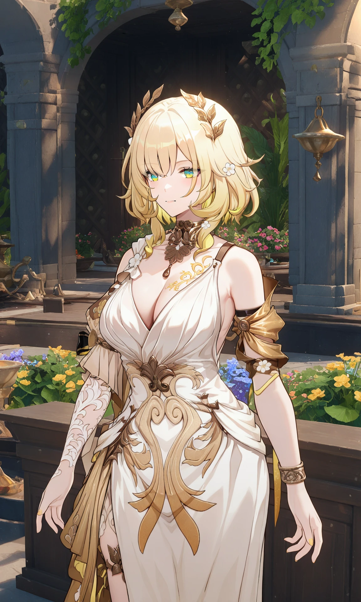 1girl,solo,
<lora:aglaea20:1>,tj_aglaea,none pupil,green eyes,pure eyes,mature,white dress,white flower,golden flower ornament,straped dress,long skirt,white skirt,side slit,detached sleeves,gold trim,greek clothes,arm armor,brown armor,wristband,golden tattoo,necklace,bare shoulders,gold rose,pleated sleeves,short sleeves,single sleeve,thigh strap,
(kinhasu:0.52),(momoko_(momopoco):0.52),(yoshinari_you:0.52),
masterpiece,best quality,absurdres,newest,very aesthetic,Dynamic Angle,Sexy posture,ultra-high resolution,32K UHD,sharp focus,unconventional supreme masterpiece,masterful details,with a high-end texture,(Visual impact:1.2),dynamic and visually striking appearance,offcial art,colorful,<lora:noobaiXLNAIXL_epsilonPred11Version-lora:0.1>,