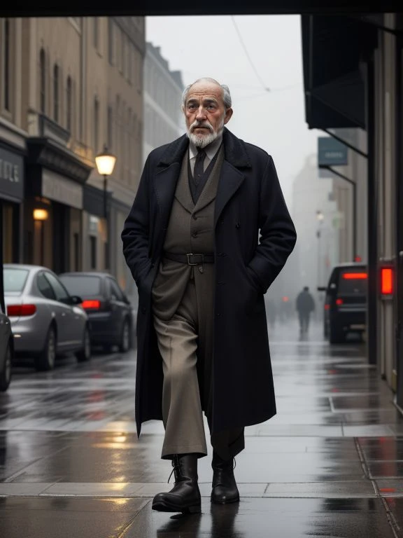 The night was dark and dreary,
An old man stood in the street.
His eyes were filled with tears
And his boots were filled with feet.