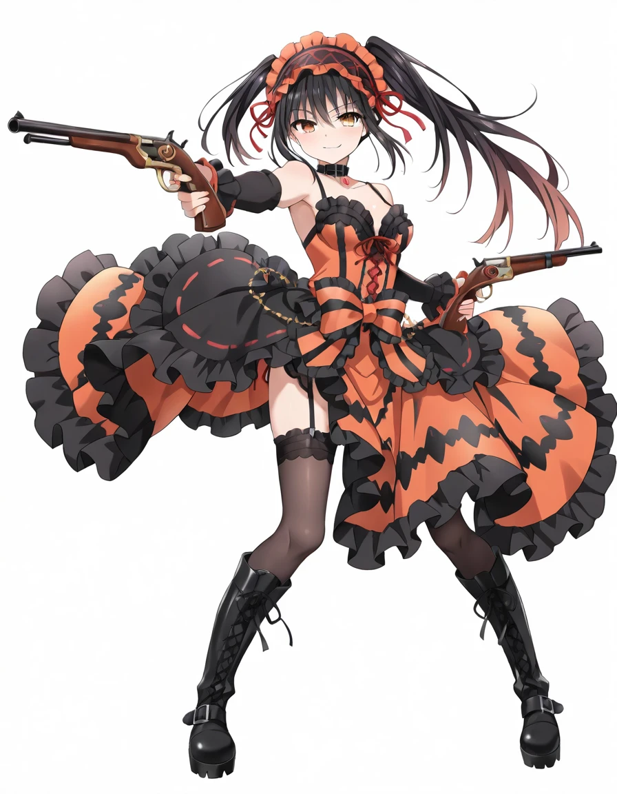 Volumetric Lighting, (masterpiece), (best quality), (ultra-detailed), masterpiece, source_anime, score_9, score_8_up, score_7_up BREAK, illustration, disheveled hair, detailed eyes, perfect composition, moist skin, intricate details BREAK, light depth, detailed face, detailed fingers, BREAK, Kurumi,medium breast, hairstyle1, black hair, long hair, uneven twintails,red eyes, heterochromia, yellow eyes, clock eyes BREAK, KurumiNightmare,ngtmr_flintlock, holding flintlock, ngtmr_rifle, ngtmr_knee_boots, ngtmr_choker, ngtmr_hairband, ngtmr_dress, ngmtr_dress_bow, ngtmr_thighhighs, garter belt, BREAK, (((simple background, white background))), looking at viewer,dual wielding, smirk, full body