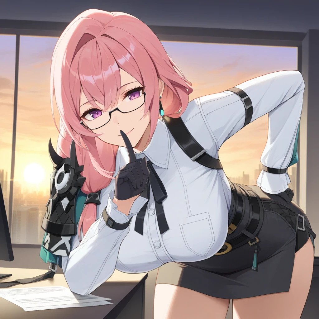 masterpiece, best quality, ultra-detailed, very aesthetic, detailed background, year 2023, very aesthetic, newest, scenery, highres, 4k, absurdres, 8k, colorful,vibrant, glowing, perfect face, 2d, perfect eyes, detailed eyes, 1girl, solo,
detailed background, evening, sun, sky, clouds,
office, office interior, desk, documents, documents on table, computer, monitor, window, indoors, cityscape,
leaning forward, wink, seductive smile, closed mouth, shushing, finger on lips, posing, hand on hip, looking at viewer,
Yanagi, earrings, pink hair, long hair, purple eyes, braided ponytail, shoulder straps, glasses, under-rim eyewear, white shirt, collared shirt, long sleeves, white sleeves, shoulder armor, black gloves, black skirt, pencil skirt, belt, high-waist skirt, black-framed eyewear, neck ribbon, black ribbon,
masterpiece, best quality, ultra-detailed, very aesthetic, newest, scenery, absurdres, perfect anatomy, perfect legs, perfect face, perfect eyes, mature body, clear eyes, beautiful eyes,