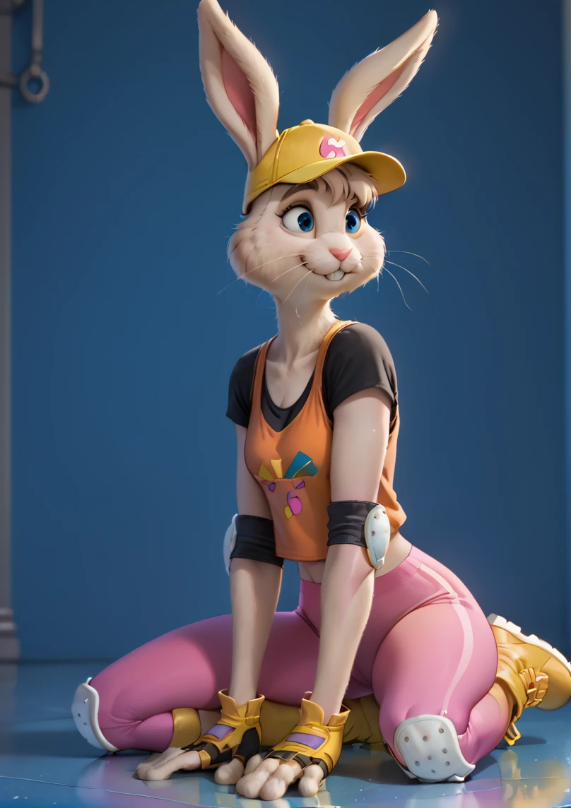 1girl, solo,
score_6, score_7, score_8, score_9, masterpiece, best quality, highly detailed,
<lora:Gert_-_Stay_Alert_Stay_Safe:1>, anthro bunny, blue eyes, whiskers, bangs, protective pads, orange tanktop, pink leggings, black undershirt, yellow cap, yellow boots,